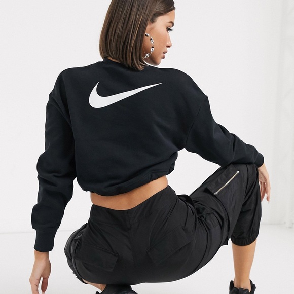 Nike Black Elastic Drawcord Cropped Mini Swoosh Sweatshirt - Picture 3 of 7